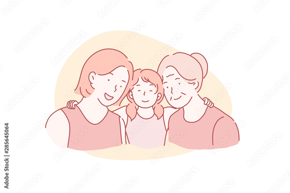 Mothers Day, International Womens Day, March 8 concept. A young mother with a small daughter and a pensioner grandmother hugging together. Vector flat design.