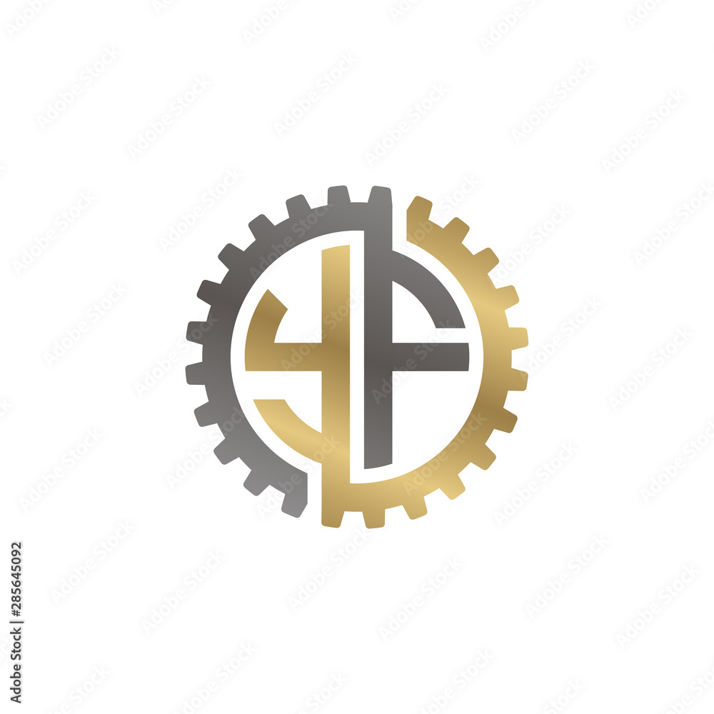 Initial letter Y and F, YF, interlock cogwheel gear logo, black gold on white background Initial letter Y and F, YF, interlock cogwheel gear logo, black gold on white background