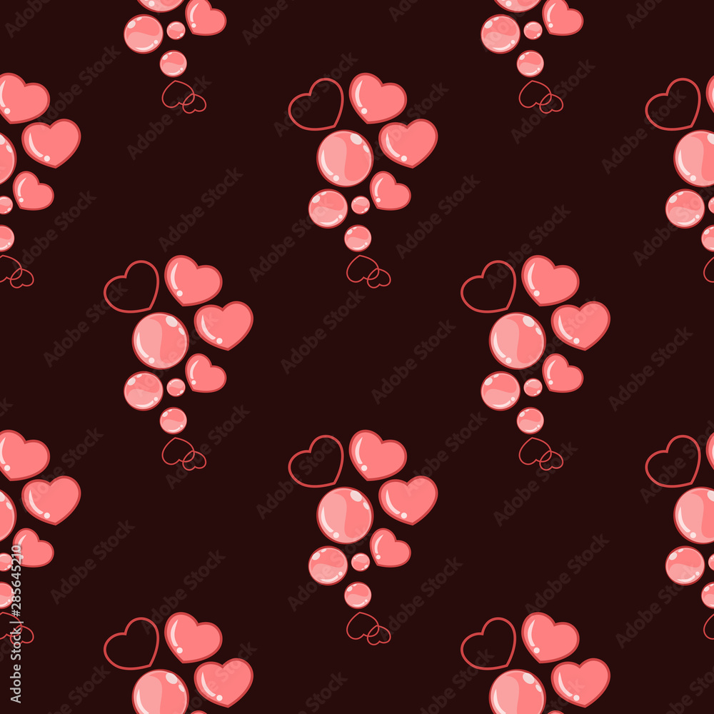 Seamless pattern with bunches of heart and rounded balloon, line drawing hearts and bubbles in brown background. Fabric , textile, clothes, dress. Seamless pattern with bunches of heart and rounded balloon, line drawing hearts and bubbles in brown background. Fabric , textile, clothes, dress.
