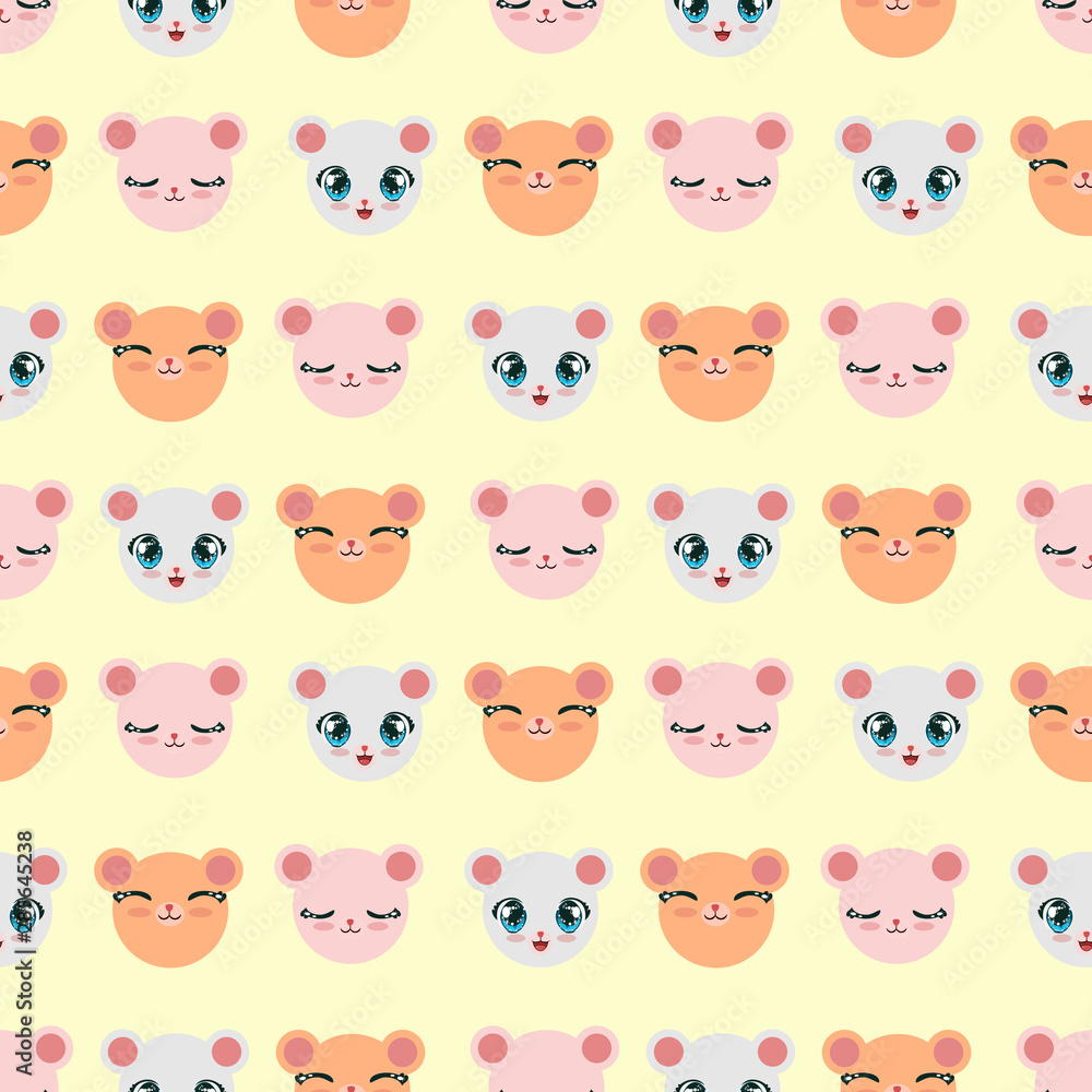 Cute seamless pattern for children. repeated heads of bears with cute expressions and muzzles in different colour. Endless illustration for babies in light background