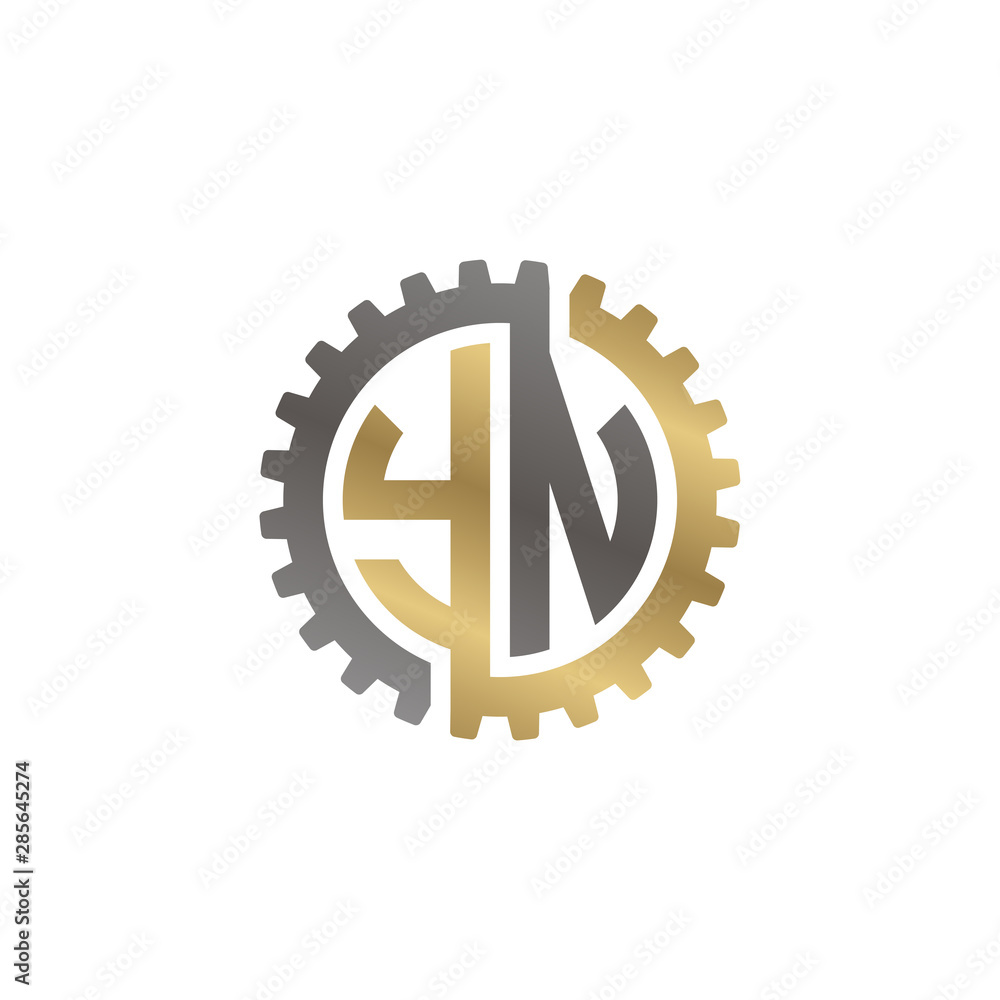 Fototapeta premium Initial letter Y and N, YN, interlock cogwheel gear logo, black gold on white background