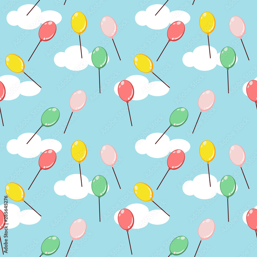 Colorful party balloons flying up the sky. Illustration on light blue background