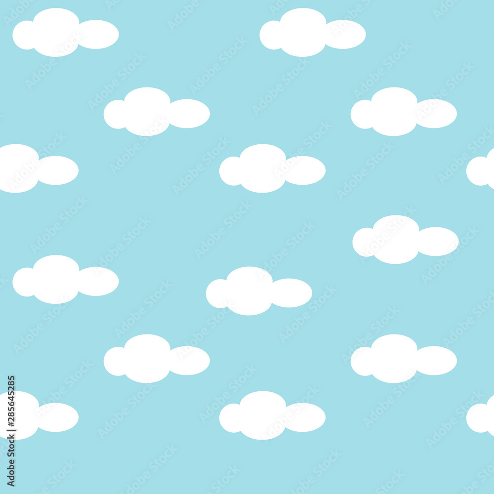 Cute cartoon seamless pattern with white clouds on a light blue sky background