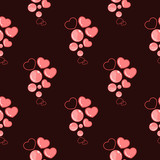 Seamless pattern with bunches of heart and rounded balloon, line drawing hearts and bubbles in brown background. Fabric , textile, clothes, dress.