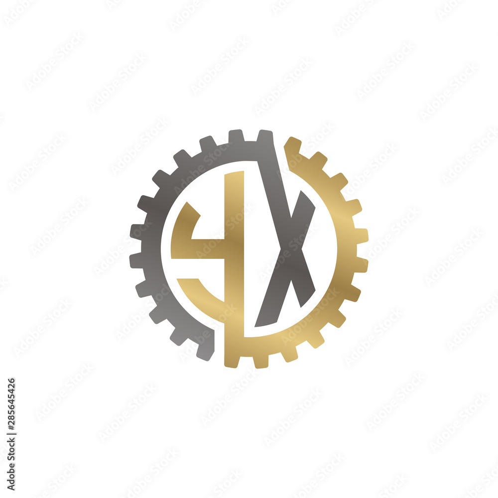 Initial letter Y and X, YX, interlock cogwheel gear logo, black gold on white background Initial letter Y and X, YX, interlock cogwheel gear logo, black gold on white background