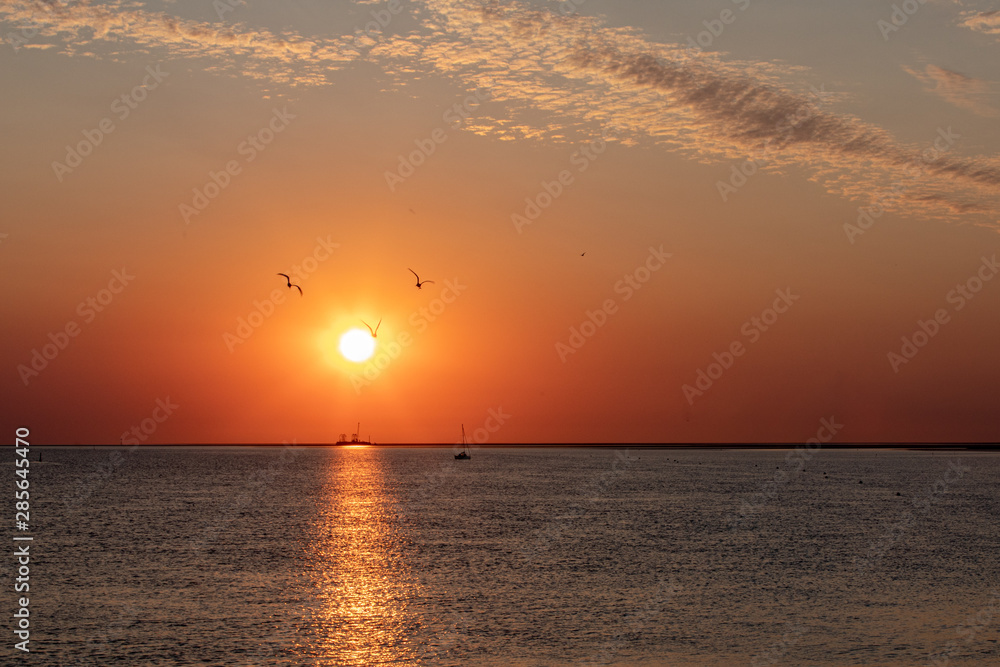 Segelboot und Vögel im Sonnenuntergang an der Nordsee