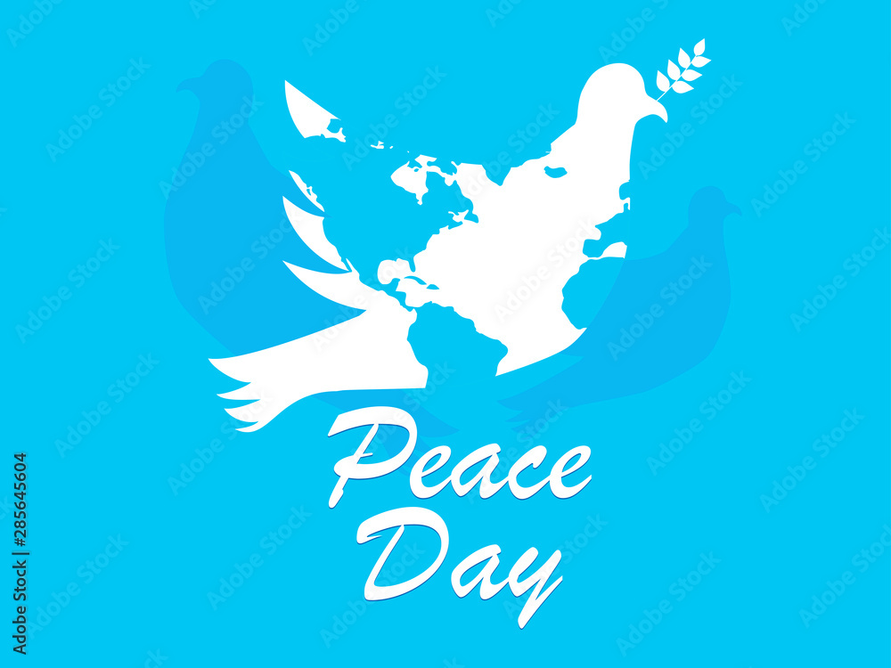 International Day of Peace. Greeting card with flying doves and continents of the planet earth. Vector illustration