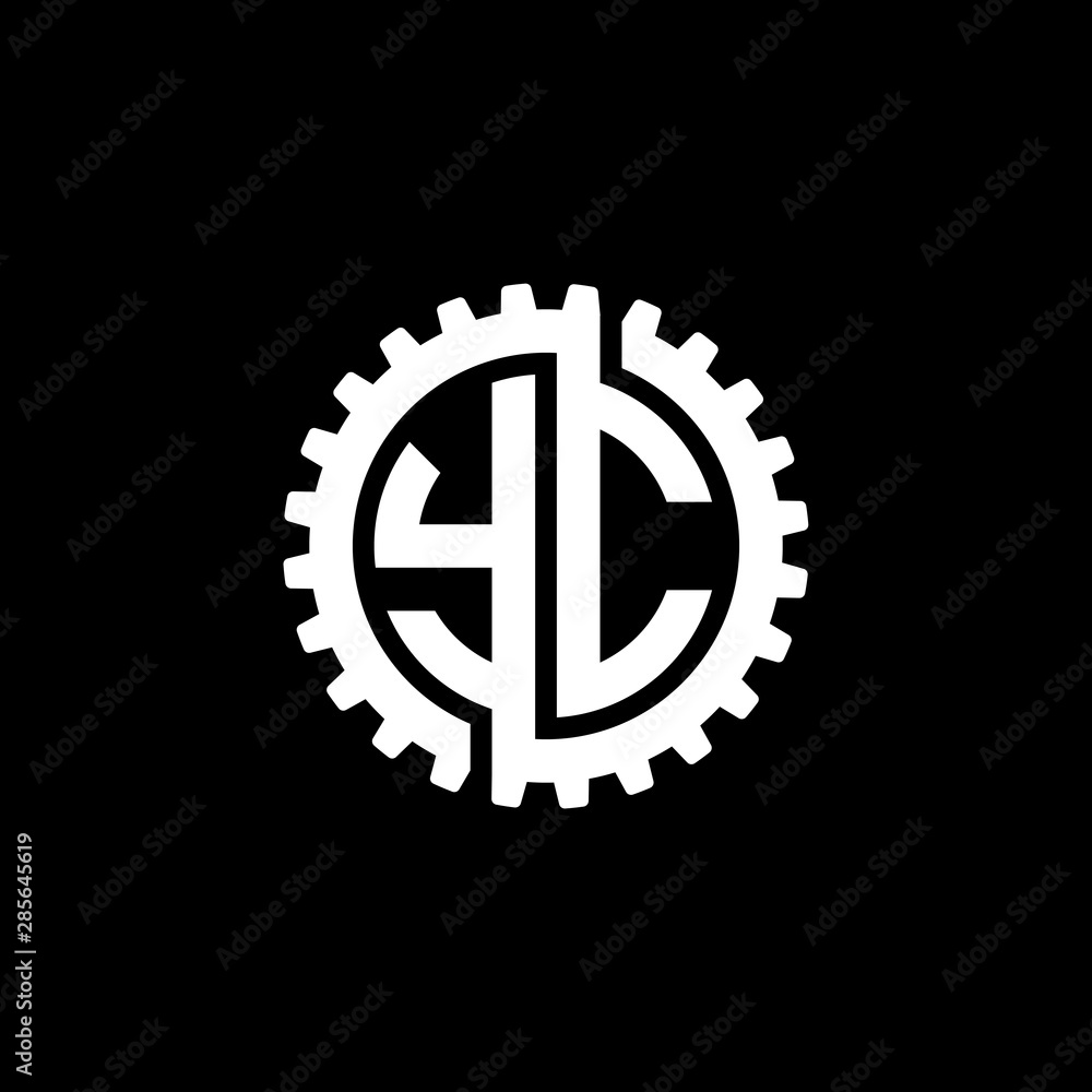 Initial letter Y and C, YC, interlock cogwheel gear monogram logo, white color on black background Initial letter Y and C, YC, interlock cogwheel gear monogram logo, white color on black background