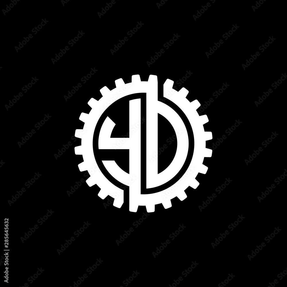 Initial letter Y and D, Y and O, YD, YO, interlock cogwheel gear monogram logo, white color on black background Initial letter Y and D, Y and O, YD, YO, interlock cogwheel gear monogram logo, white color on black background