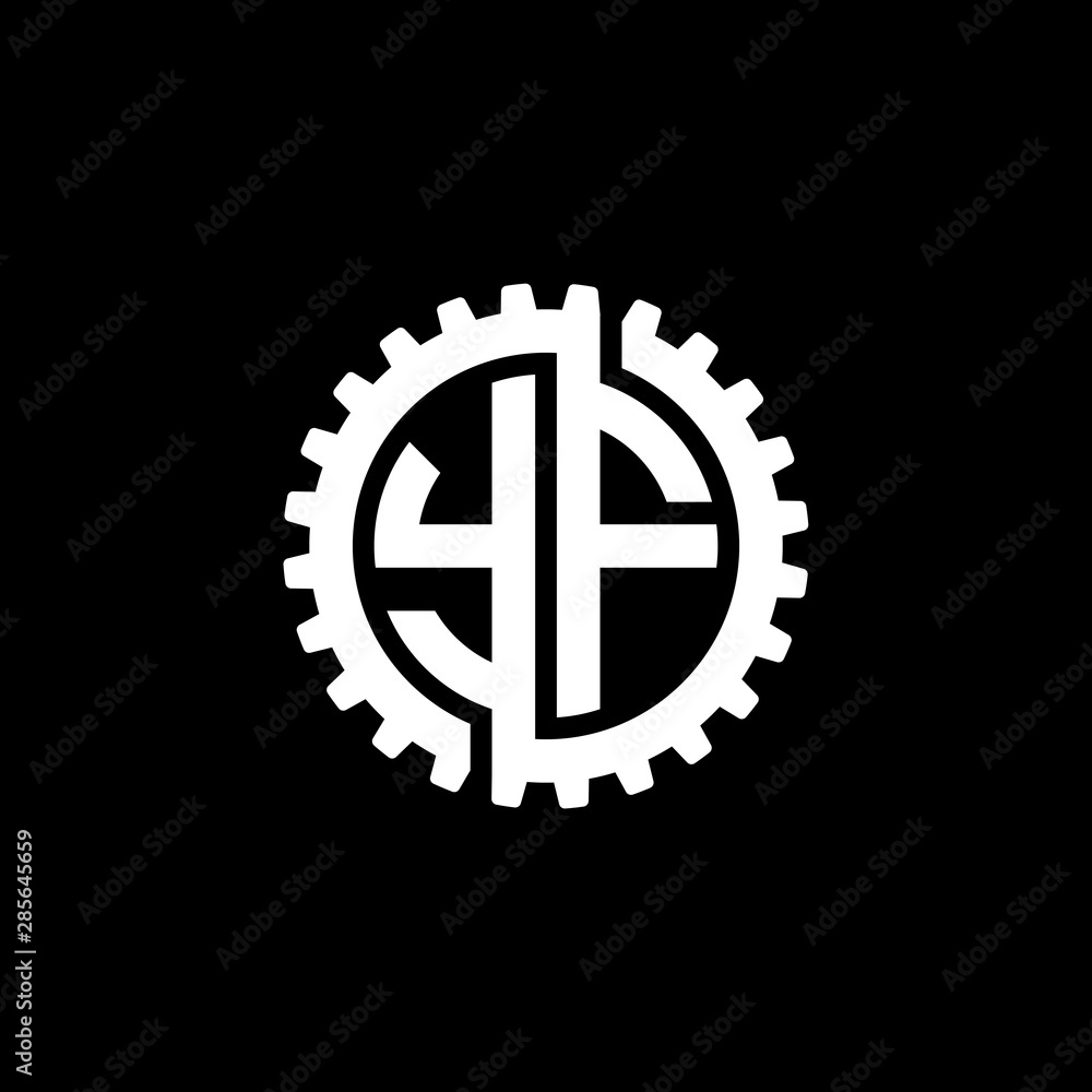 Initial letter Y and F, YF, interlock cogwheel gear monogram logo, white color on black background Initial letter Y and F, YF, interlock cogwheel gear monogram logo, white color on black background