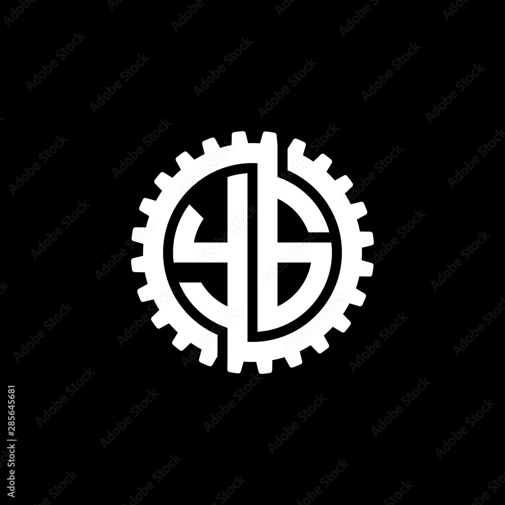 Initial letter Y and G, YG, interlock cogwheel gear monogram logo, white color on black background Initial letter Y and G, YG, interlock cogwheel gear monogram logo, white color on black background