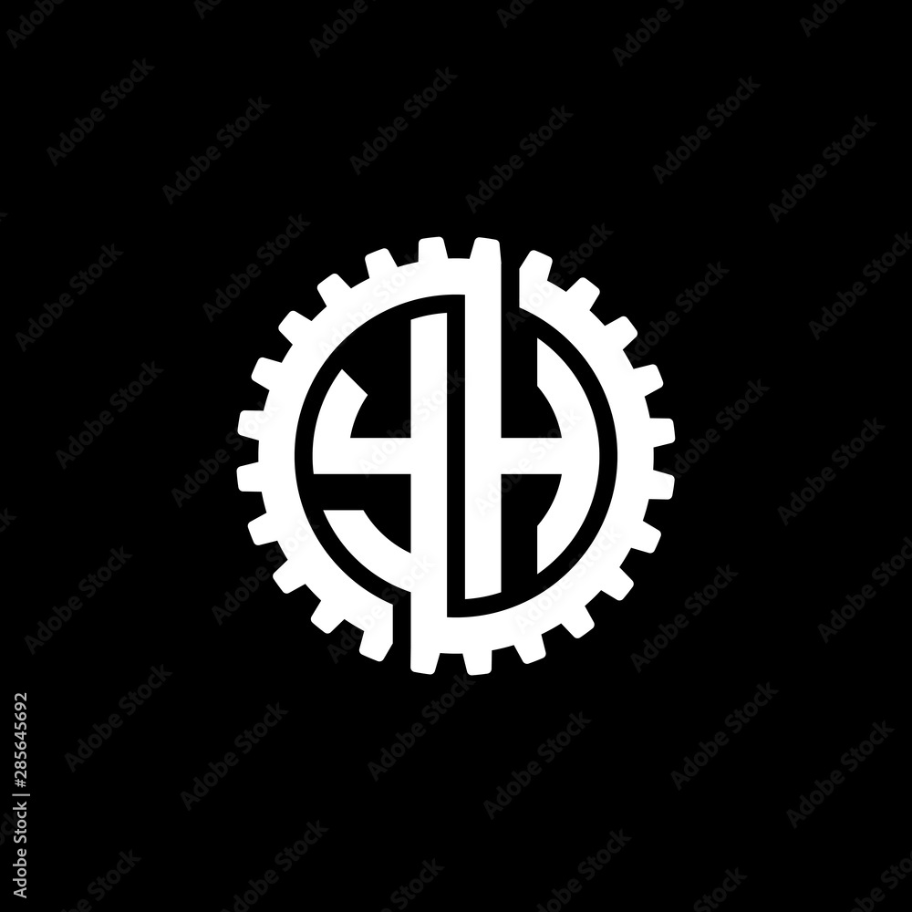 Initial letter Y and H, YH, interlock cogwheel gear monogram logo, white color on black background Initial letter Y and H, YH, interlock cogwheel gear monogram logo, white color on black background
