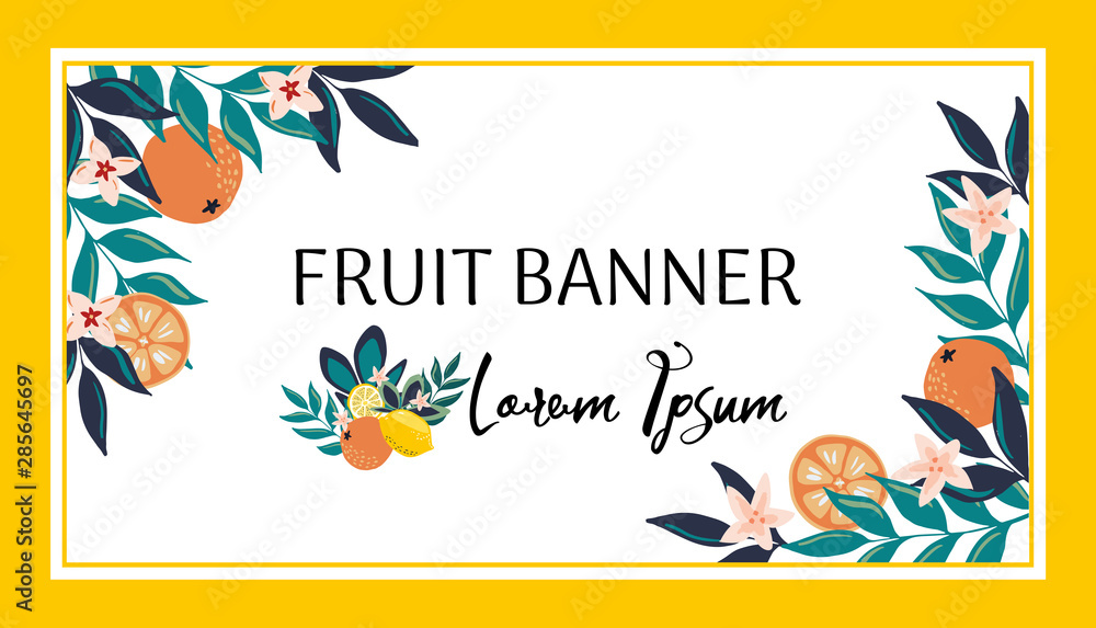 Fruit background in modern hand drawn trendy style. citrus fruits, lemon and oranges illustration and round label badge.Design template, frame, card, banner. Vector illustration, isolated on white. Fruit background in modern hand drawn trendy style. citrus fruits, lemon and oranges illustration and round label badge.Design template, frame, card, banner. Vector illustration, isolated on white.