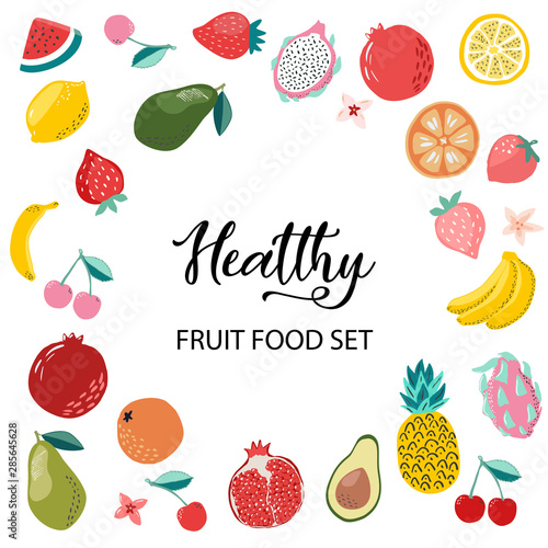Healthy fruit food set. Vegan and organic food, collection of hand drawn garden and tropical fruits, pineapple, watermelon, pomegranate, citrus. Trendy vector illustration