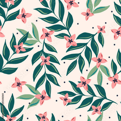 Seamless pattern with hand drawn flowers and floral branches Repeating background for wrapping paper, fabric, stationery products decoration.