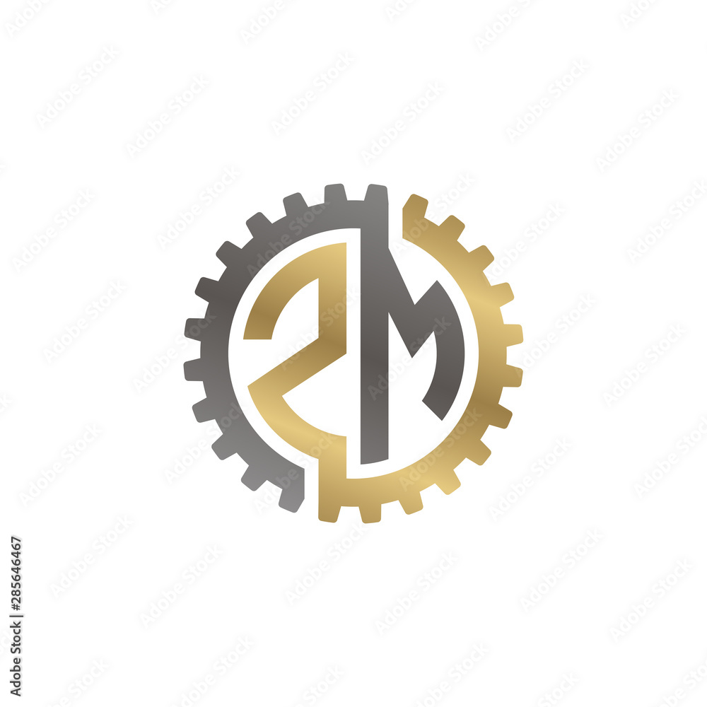 Initial letter Z and M, ZM, interlock cogwheel gear logo, black gold on white background Initial letter Z and M, ZM, interlock cogwheel gear logo, black gold on white background