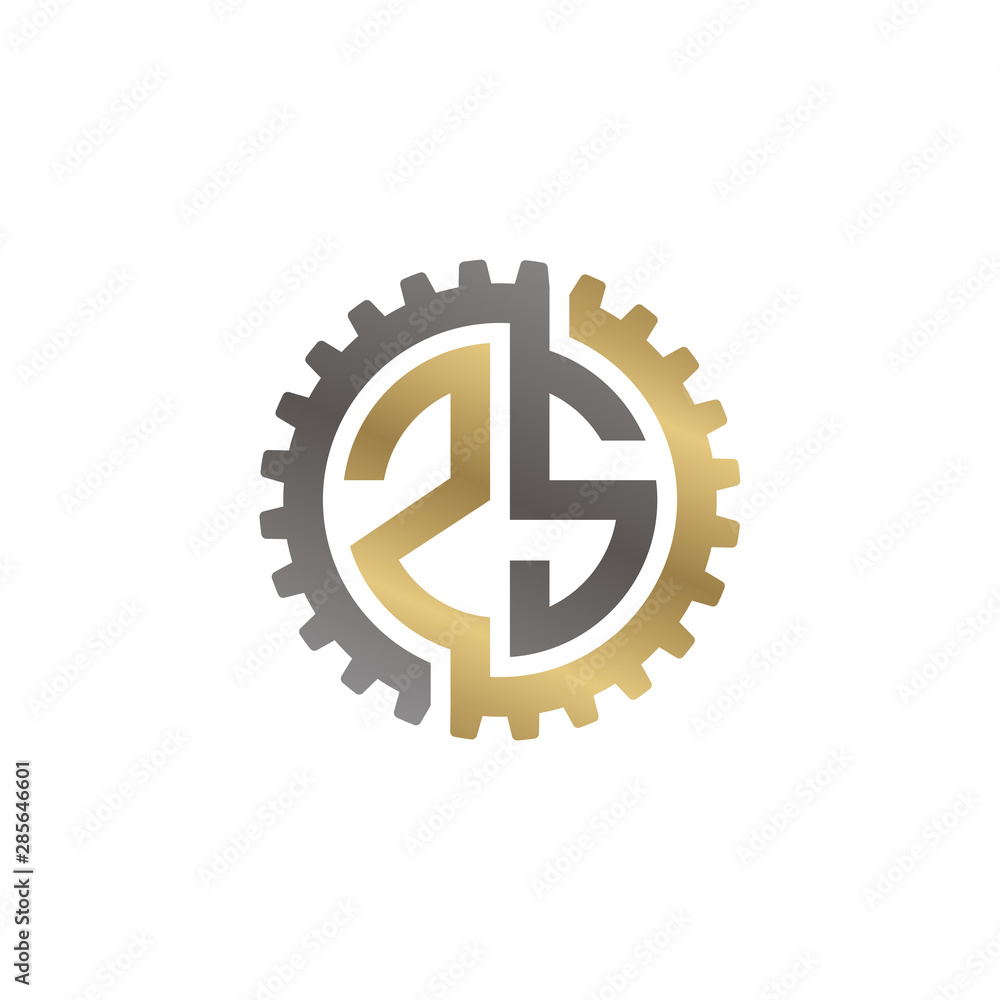 Initial letter Z and S, ZS, interlock cogwheel gear logo, black gold on white background Initial letter Z and S, ZS, interlock cogwheel gear logo, black gold on white background