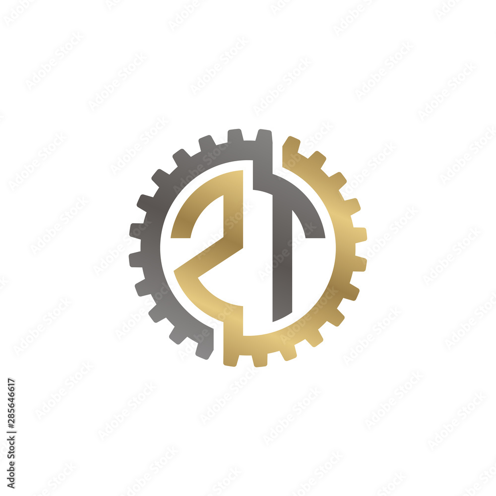 Initial letter Z and T, ZT, interlock cogwheel gear logo, black gold on white background Initial letter Z and T, ZT, interlock cogwheel gear logo, black gold on white background