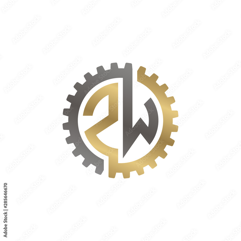 Initial letter Z and W, ZW, interlock cogwheel gear logo, black gold on white background Initial letter Z and W, ZW, interlock cogwheel gear logo, black gold on white background