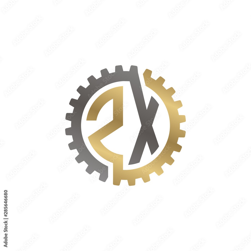 Initial letter Z and X, ZX, interlock cogwheel gear logo, black gold on white background Initial letter Z and X, ZX, interlock cogwheel gear logo, black gold on white background
