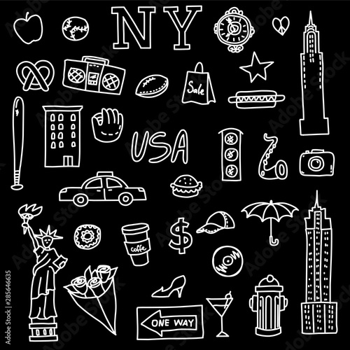 New York doodle set on chalkboard. Hand drawn elements. American travel symbols.