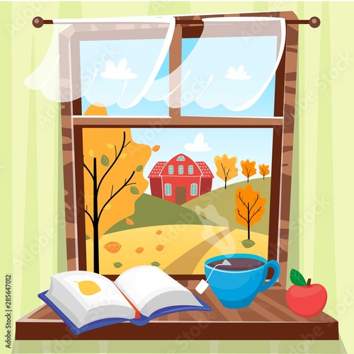 Cozy autumn window with beautiful fall view with trees, house and field. Book, apple and cup of tea on the windowsill. Hygge concept. Vector illustration cartoon flat style.