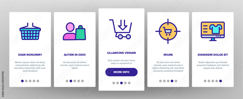 Buyer Onboarding Mobile App Page Screen Vector Thin Line. Internet Supermarket On Smartphone And Computer Laptop Monitor And Buyer Shopping Basket Linear Pictograms. Illustrations