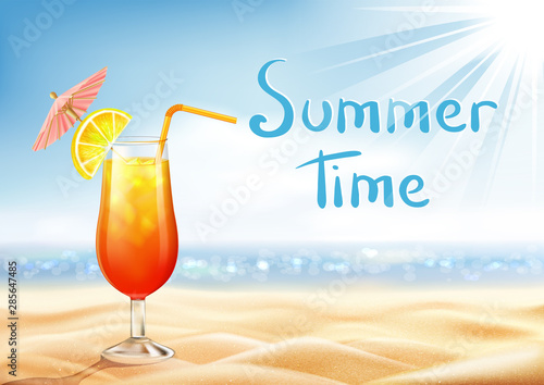 A glass with an exotic cocktail on a background of a sea landscape, a drink "Sex on the beach", on the seashore. Lettering summer time. Vector