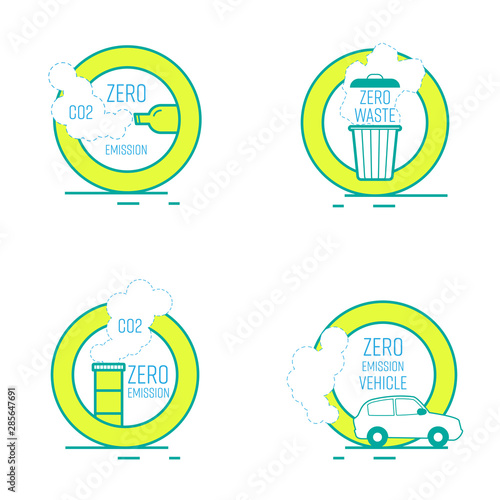 CO2 zero emission and zero waste symbol set. Dashed lines shape as a gimmick of disappearing.  Vector illustration outline flat design style.