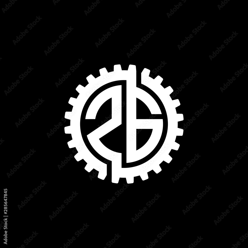 Initial letter Z and G, ZG, interlock cogwheel gear monogram logo, white color on black background Initial letter Z and G, ZG, interlock cogwheel gear monogram logo, white color on black background