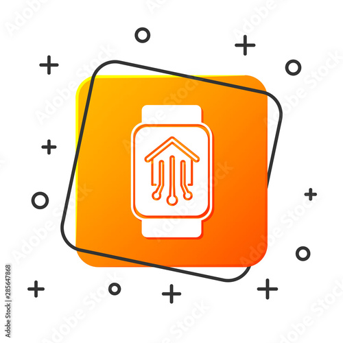 White Smart home with smart watch icon isolated on white background. Remote control. Orange square button. Vector Illustration