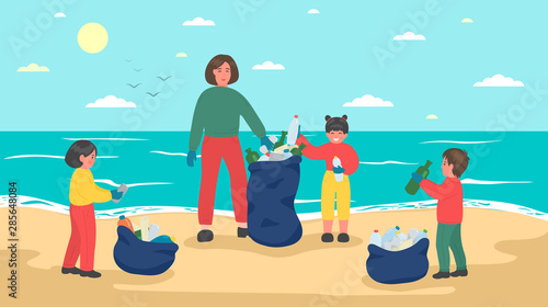 Group of children with woman cleaning up sea beach