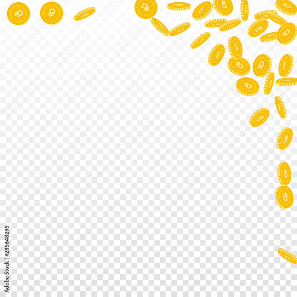Russian ruble coins falling. Scattered small RUB c Russian ruble coins falling. Scattered small RUB c
