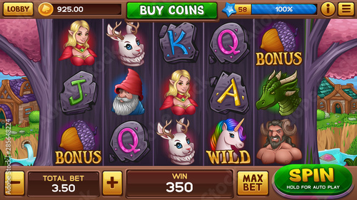 Beautiful enchanted valley with magical purple tree and game icons