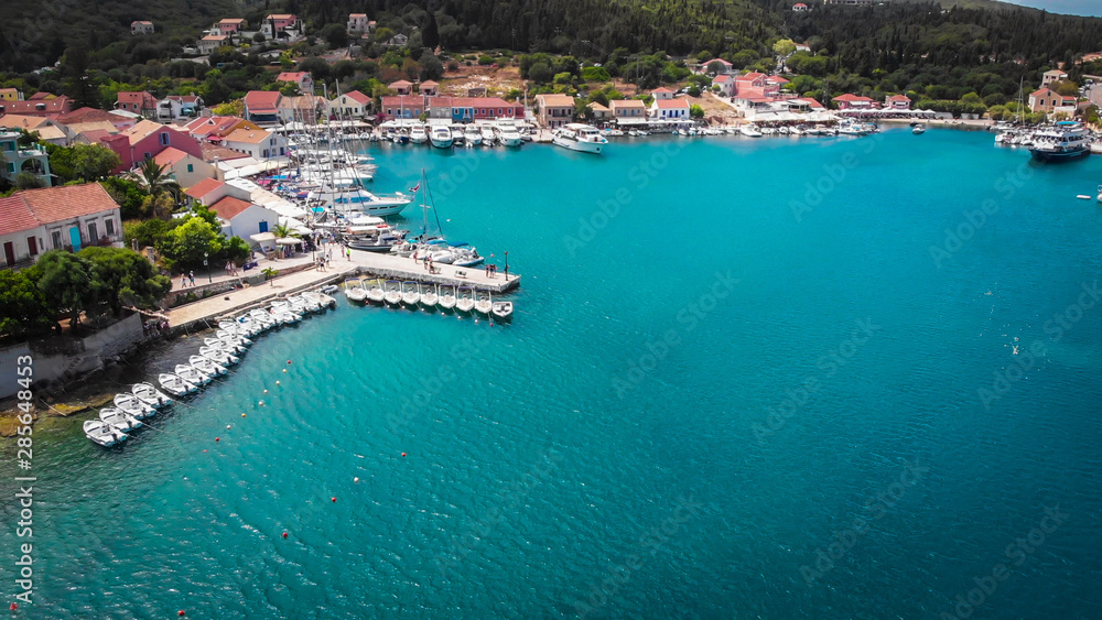 Aerial view of sailboats in the marina in Lefkada, popular tourist resort in a Greece