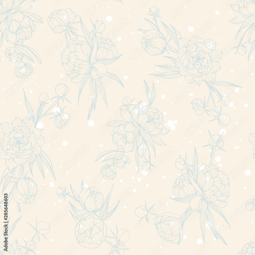 Floral Seamless pattern with peony flowers on a ivory background with white splashes