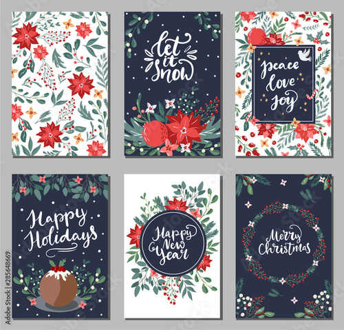 Set of Merry Christmas greeting hand drawn lettering cards in traditional colors,vertical banners, flyers,invitations. Happy New Year, Happy Holidays cards with christmas florals and winter objects