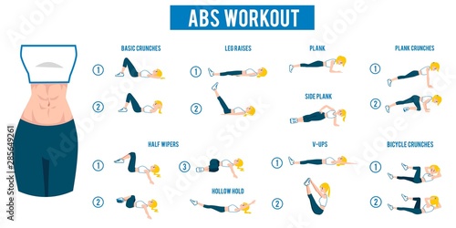 Abs workout with kinds of abdominal training flat vector illustration isolated.