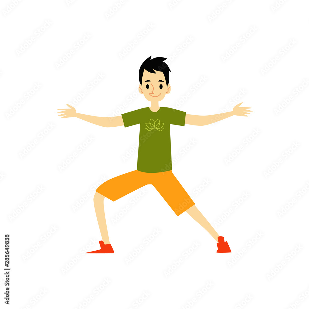 Young man character doing yoga exercise cartoon flat vector illustration isolated.