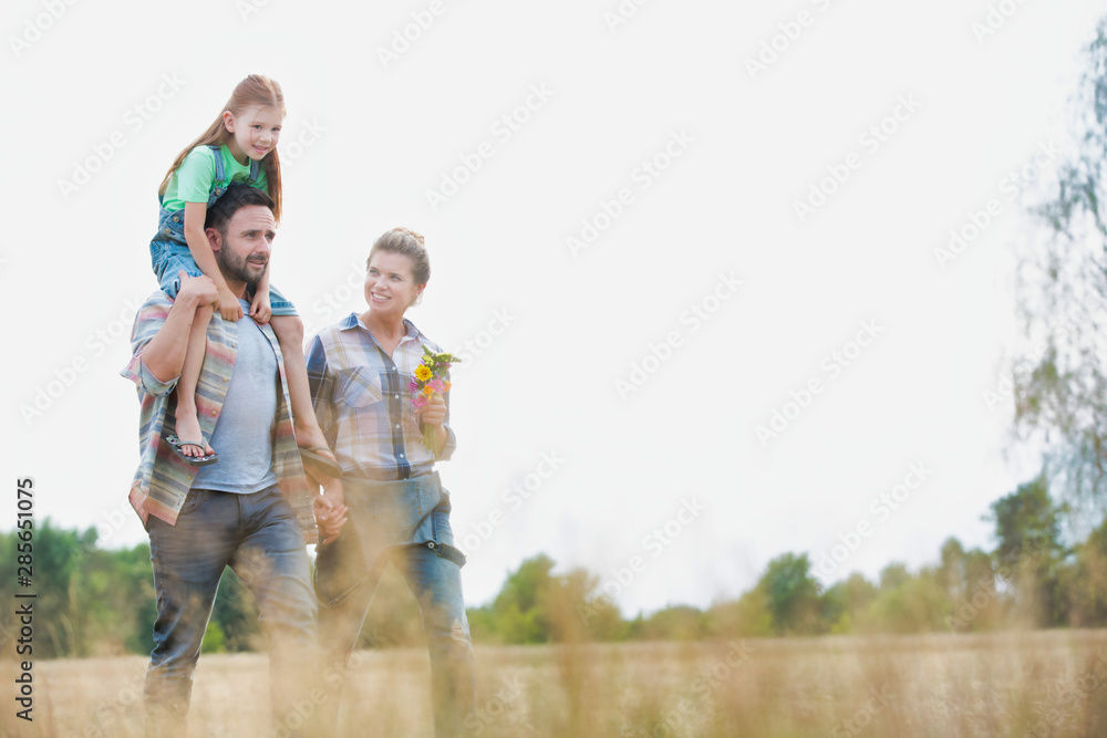 Young Caucasian family walking across field with young child on her fathers shoulders with the wife holding a bouquet of flowers Young Caucasian family walking across field with young child on her fathers shoulders with the wife holding a bouquet of flowers