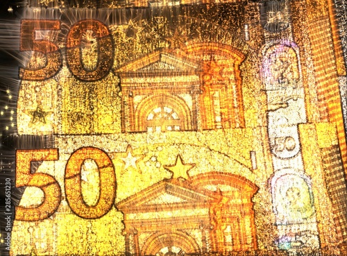 3D-Illustration of glowing euro banknotes with a kirlian aura on it	 photo