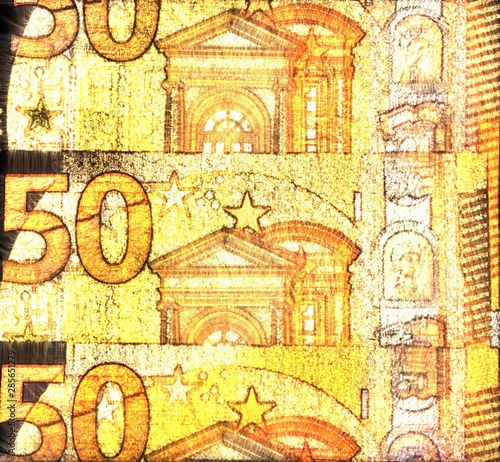 3D-Illustration of glowing euro banknotes with a kirlian aura on it	 photo