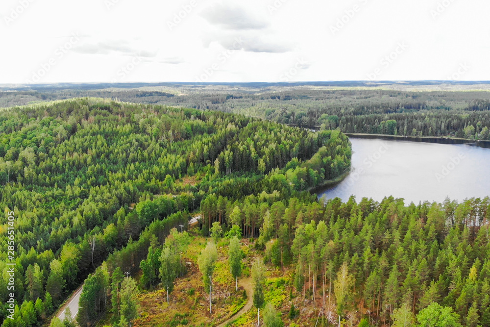 Aerial view of lake, road and forest on a summer sunny day in Finland. Drone photography
