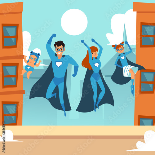 Superhero family - happy cartoon couple with daughter and baby in super hero costume