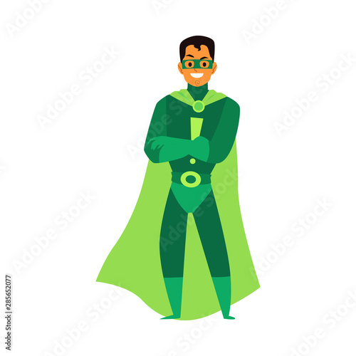 Man brunet asian or latino superhero standing in a green costume, a mask and a cloak.