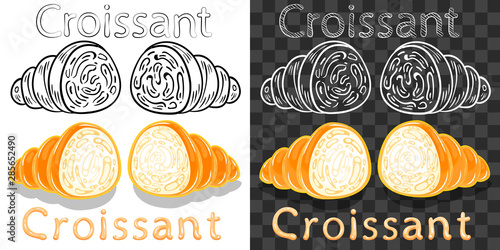 Color croissant, linear art, chalk sketch and text