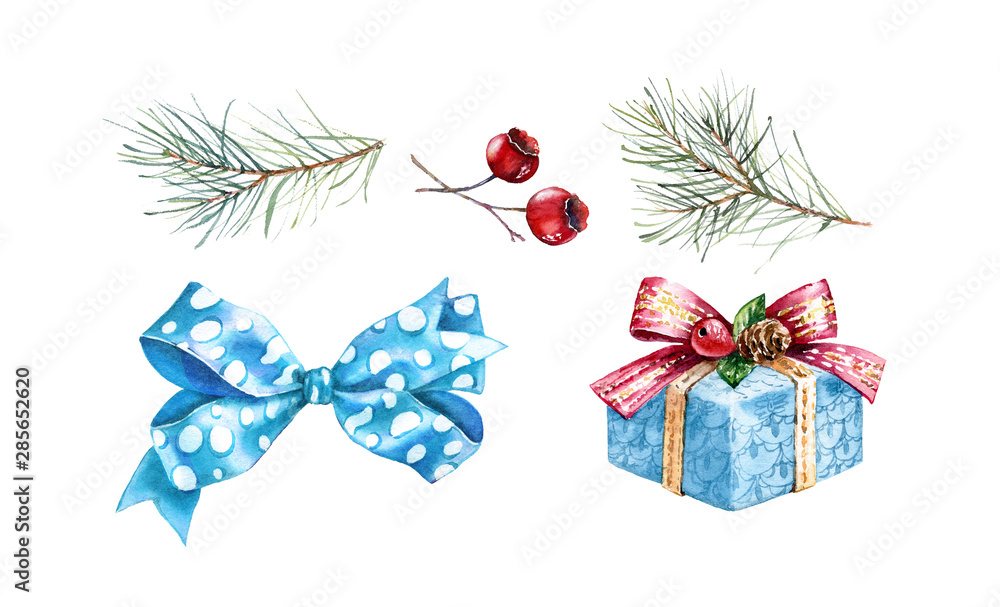 Christmas watercolor design elements. Hand painted illustration with pine tree, red berries, blue bow and present. Winter holiday gift isolated on white background for greeting card and decorations