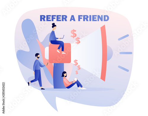 Refer a friend concept. Flat cartoon style. Vector illustration