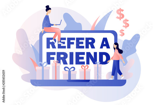 Refer a friend concept. Flat cartoon style. Vector illustration