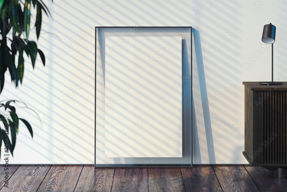 Blank transparent photo frame with blank poster on wooden floor next to light walls, 3d rendering. Blank transparent photo frame with blank poster on wooden floor next to light walls, 3d rendering.